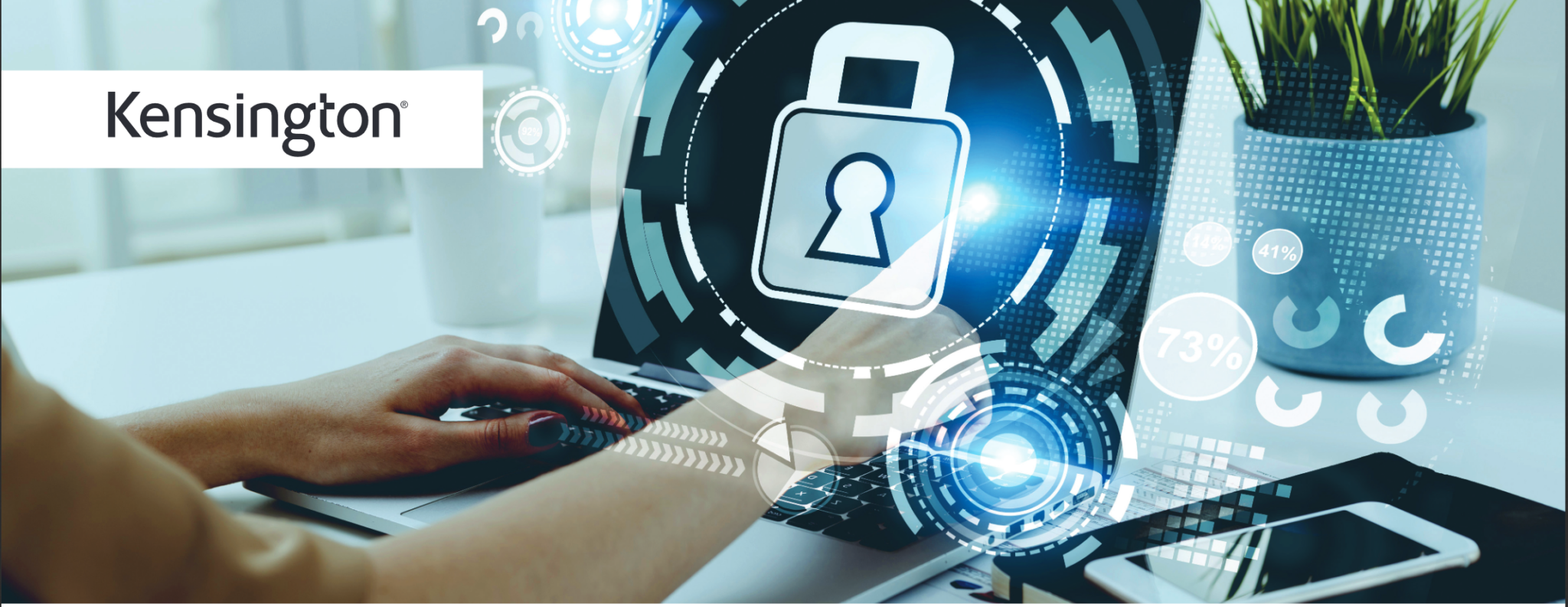 Hands typing with digital cybersecurity lock