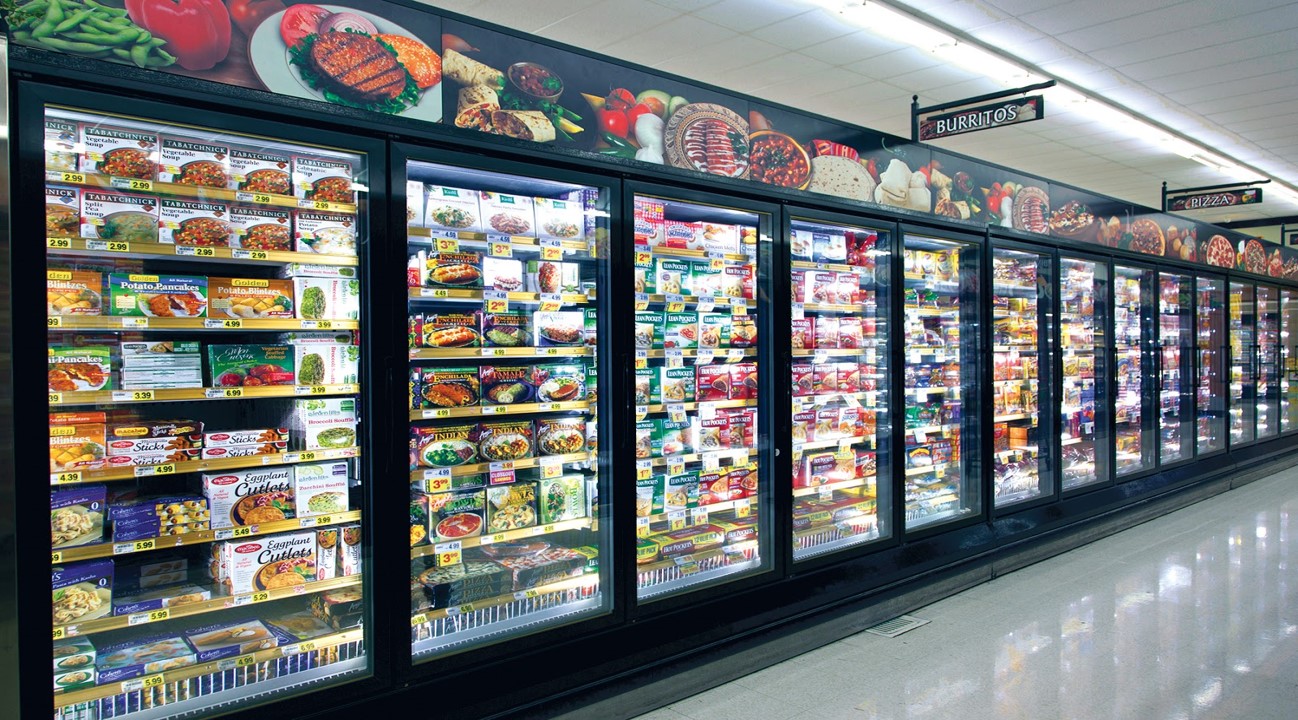 Supermarket frozen food aisle with glass freezers